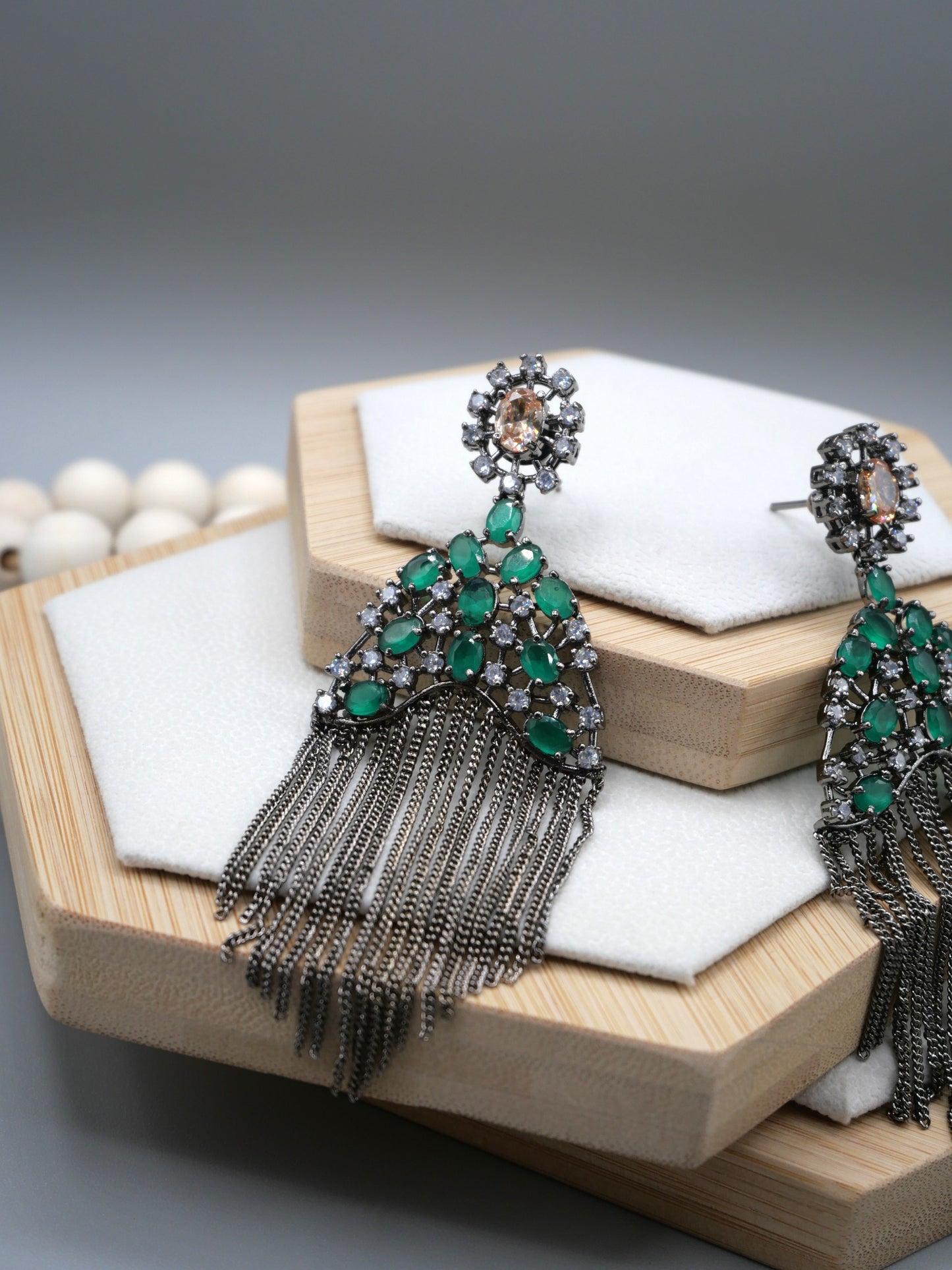 EMER - EMERALD GREEN AMERICAN DIAMOND TASSEL EARRINGS