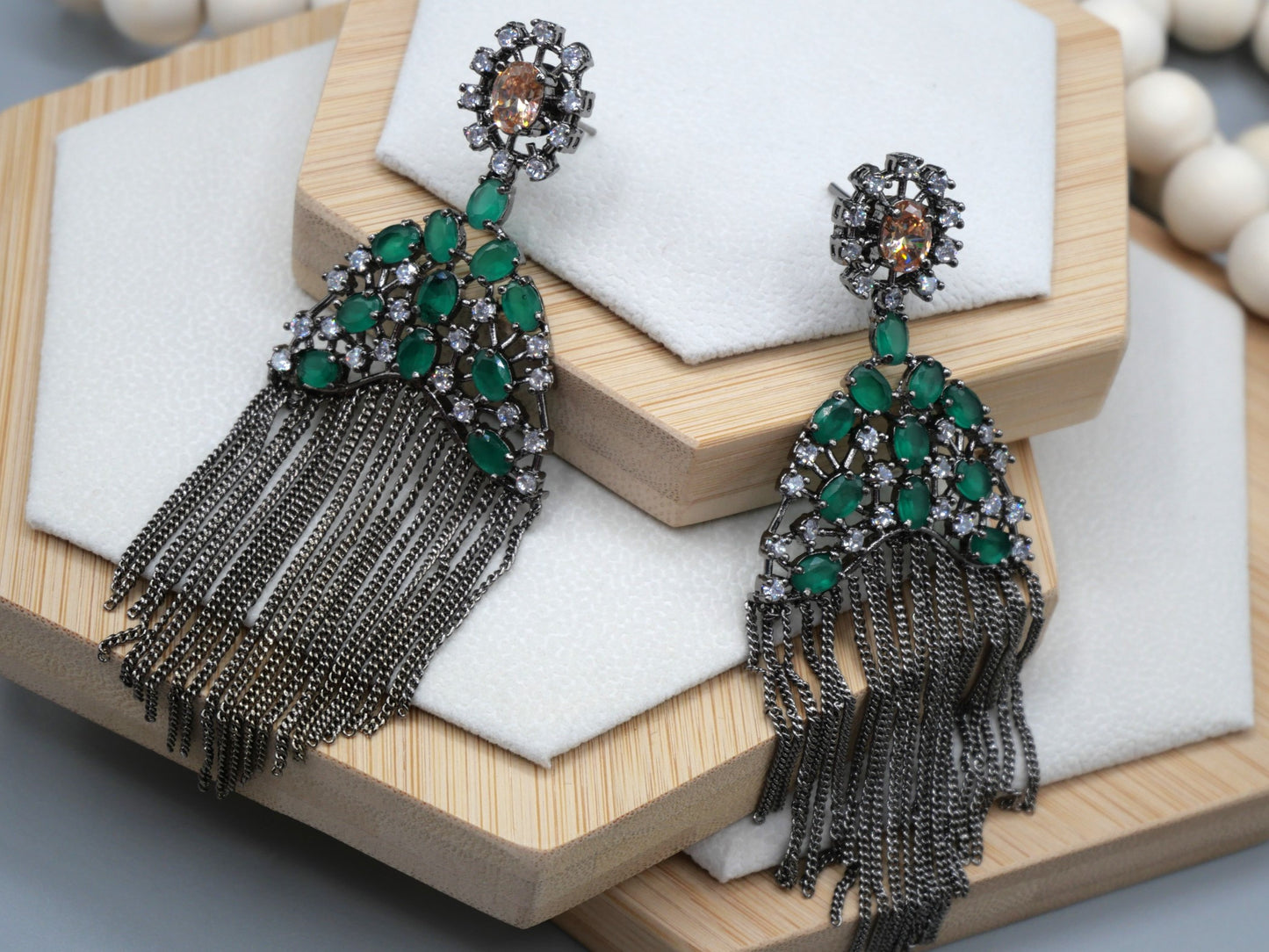 EMER - &nbsp; EMERALD GREEN&nbsp;AMERICAN DIAMOND TASSEL EARRINGS