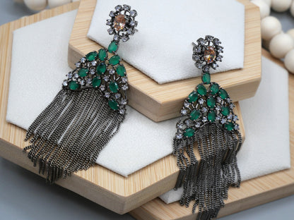 EMER - &nbsp; EMERALD GREEN&nbsp;AMERICAN DIAMOND TASSEL EARRINGS