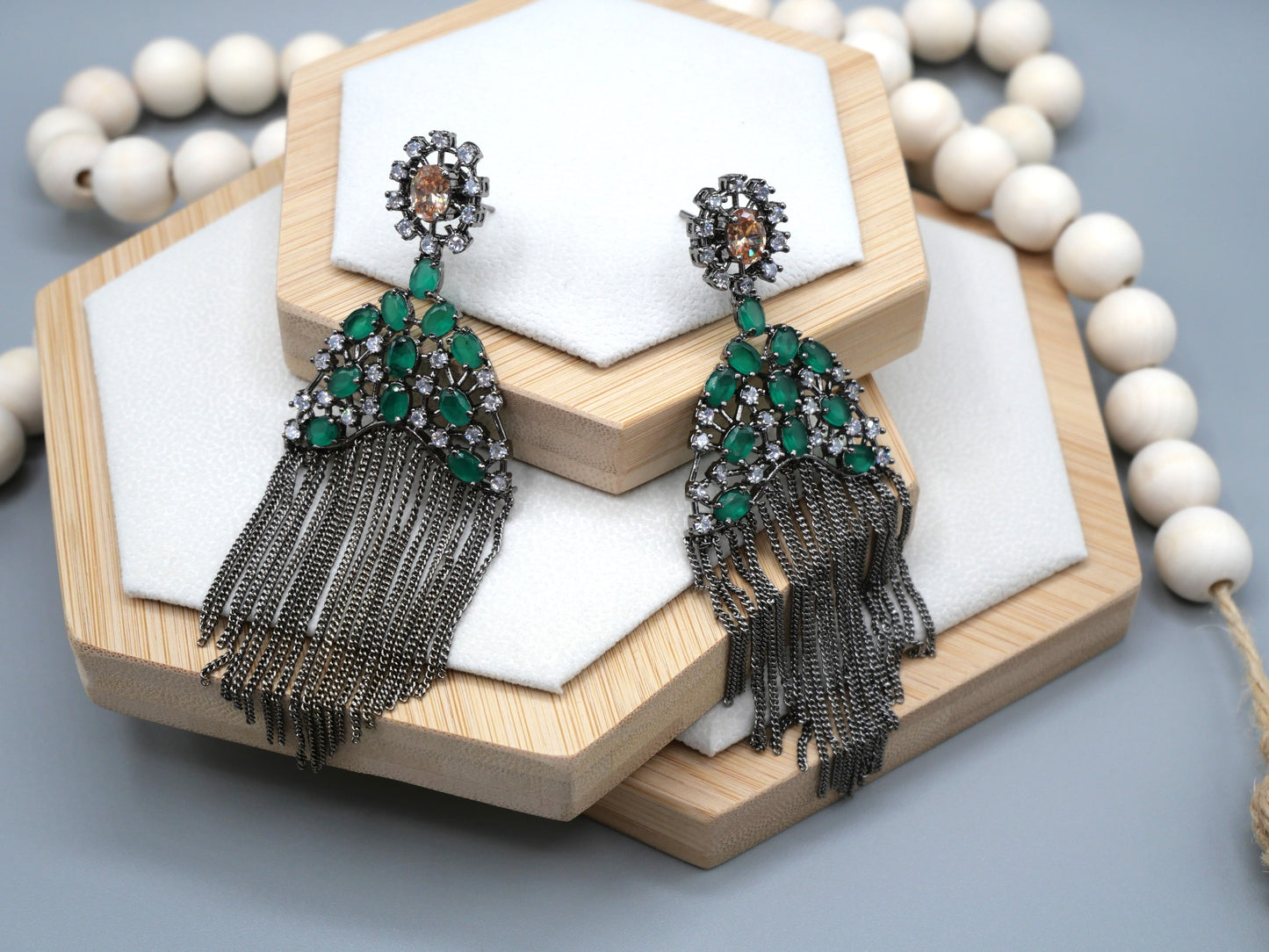 EMER - &nbsp; EMERALD GREEN&nbsp;AMERICAN DIAMOND TASSEL EARRINGS