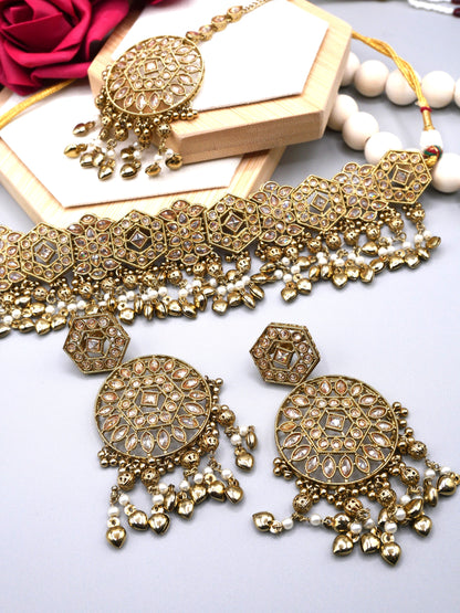 AFAISY - MULTI, GOLD POLKI SET WITH ROUND EARRINGS AND TIKKA