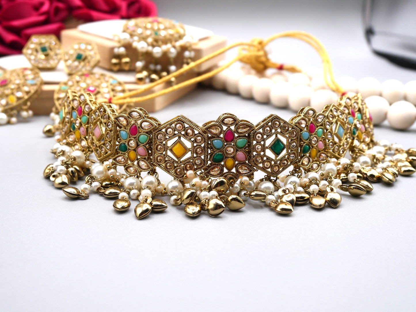 AFAISY - MULTI, GOLD POLKI SET WITH ROUND EARRINGS AND TIKKA