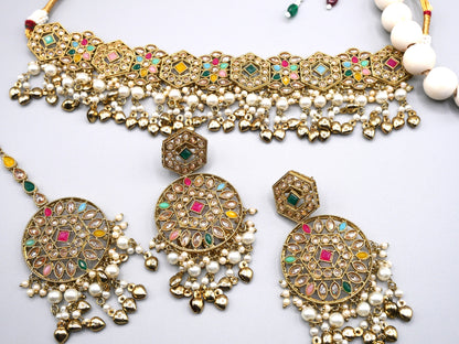 AFAISY - MULTI, GOLD POLKI SET WITH ROUND EARRINGS AND TIKKA