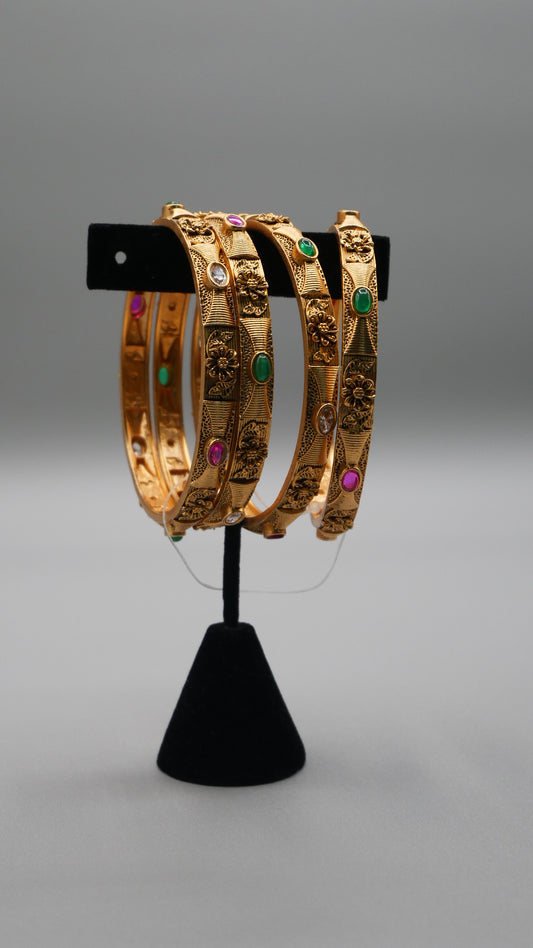 Charlotte - Traditional Meenakari Gold Bangles with Ruby and Green Color Stone