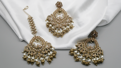 Akas - Exquisite Pakistani Polki Antique Gold Earrings and Tikka Set