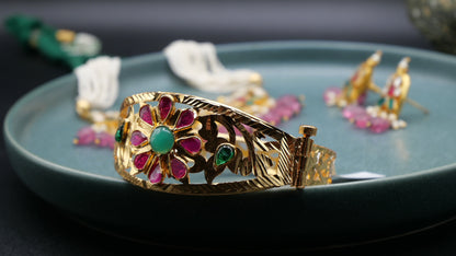 Damask - Artificial Gold-Plated Traditional Bracelet with Ruby and Green Accents