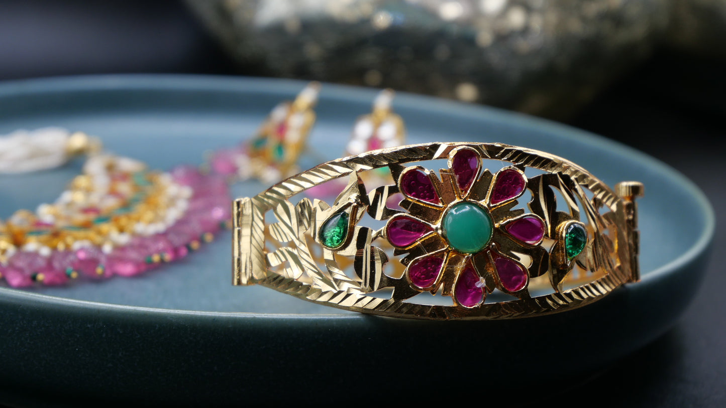 Damask - Artificial Gold-Plated Traditional Bracelet with Ruby and Green Accents