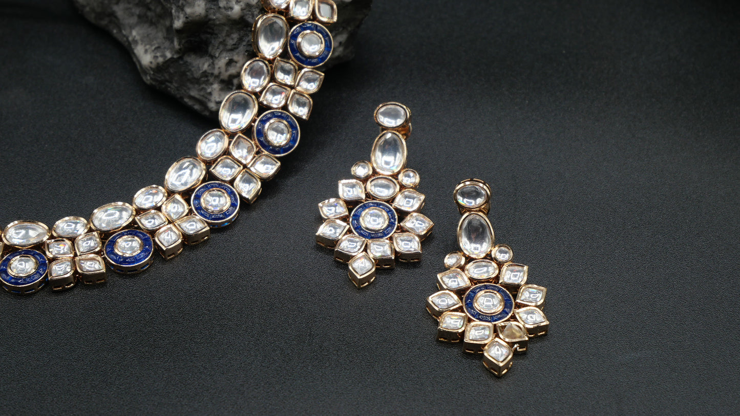 Floribunda - Kundan &nbsp;Set and Earrings with a blue hint