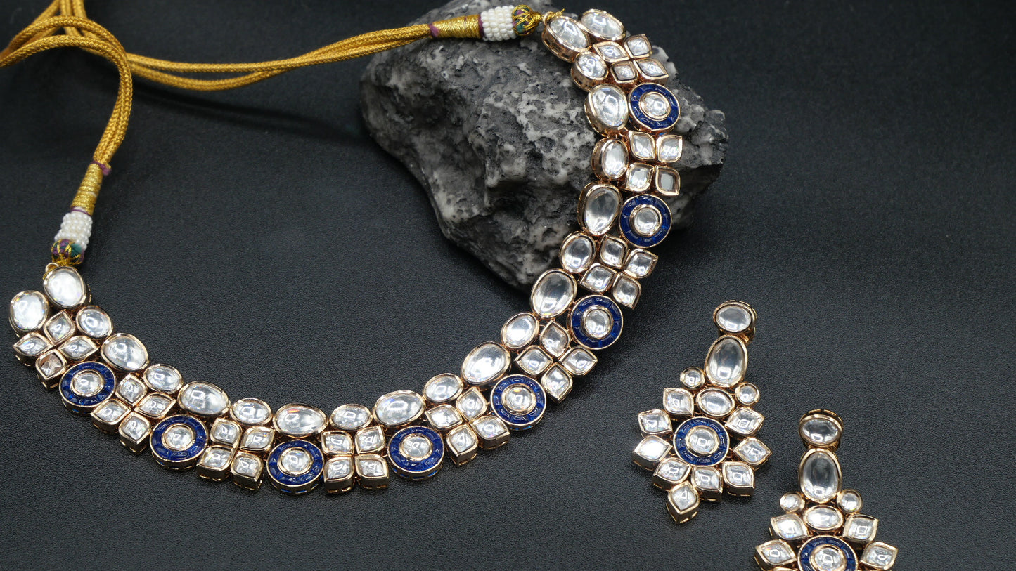 Floribunda - Kundan &nbsp;Set and Earrings with a blue hint