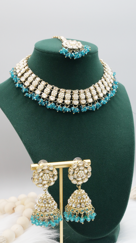 Chrome - Polki Jewelry Set with Jhumka Earrings and Tikka